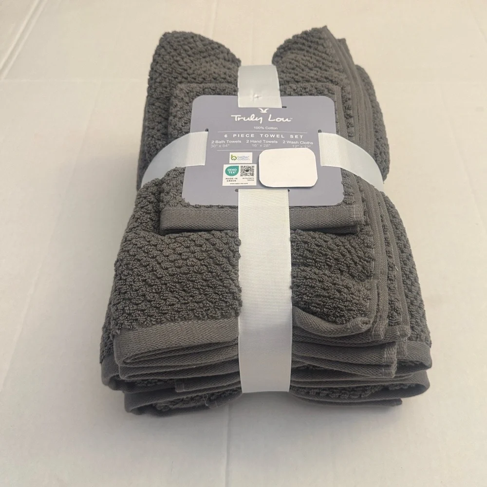 6pc TRULY LOU 100% Cotton Bath Towel Set - Moltenlead - Dark Gray